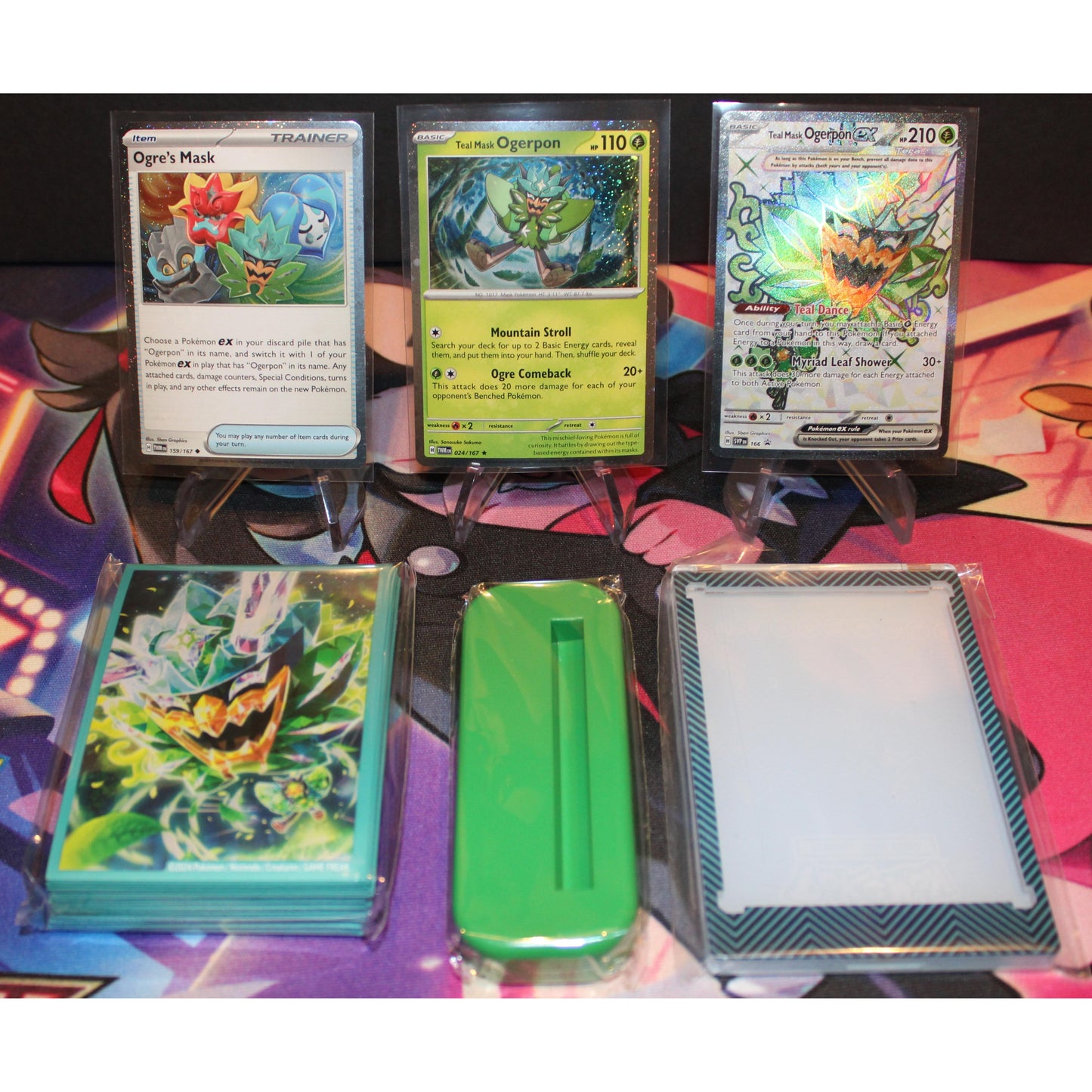 Pokemon Ogerpon EX Collection Box 3 Promo Cards Sleeves and One Touch w/Stand